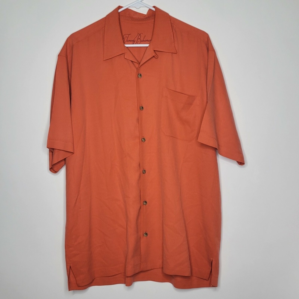 Tommy Bahama Men Size L 100% Silk Orange Short Sleeve Button Front Shirt